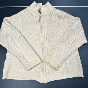 Aran Crafts Ireland 100% Merino Wool Cream Cable Knit Zip-Front Women's Sweater